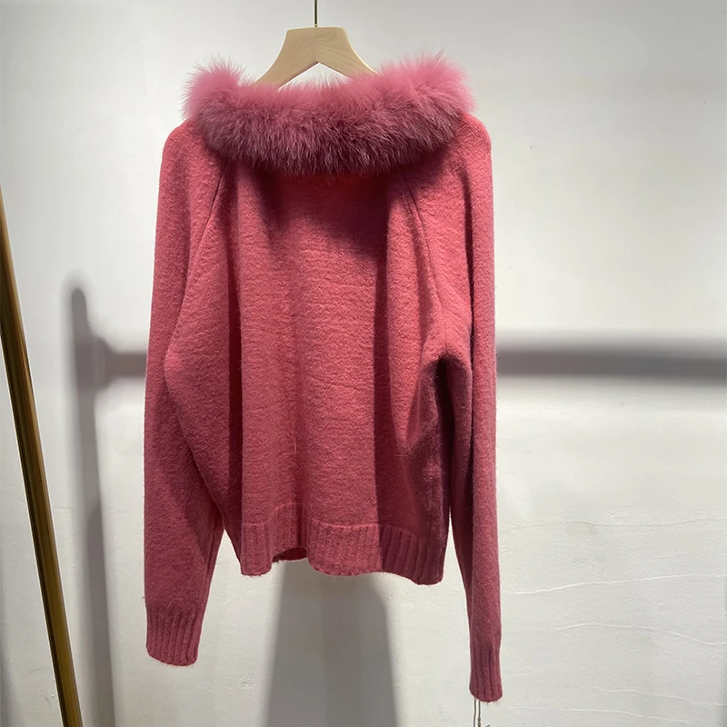 เสื้อแจ็คเก็ตสเวตเตอร์ไหมพรมถักหนา คอปกขนสุนัขจิ้งจอกแท้ สีแดงกุหลาบ สำหรับผู้หญิง ฤดูใบไม้ร่วง ปี 2025 ทรงหลวมขนาดใหญ่ สไตล์หรูหรา