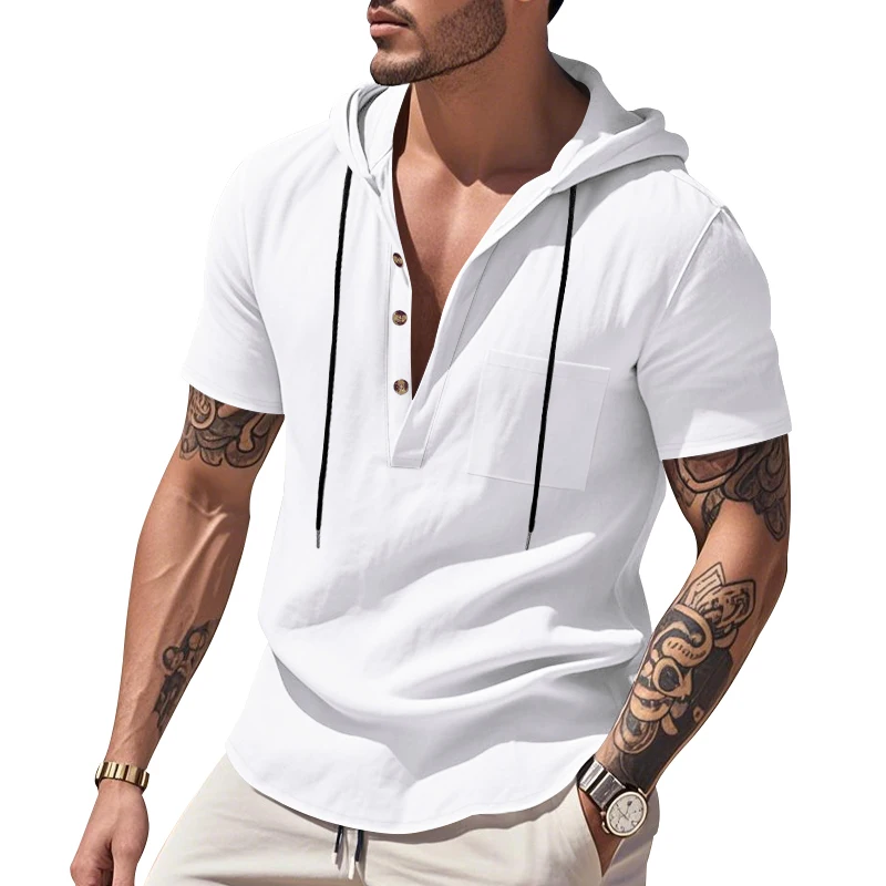 

The New Summer Linen Short-Sleeved Hooded Shirt For Men Is The Best Choice In Hawaii And Also Suitable For Casual Men To Wear