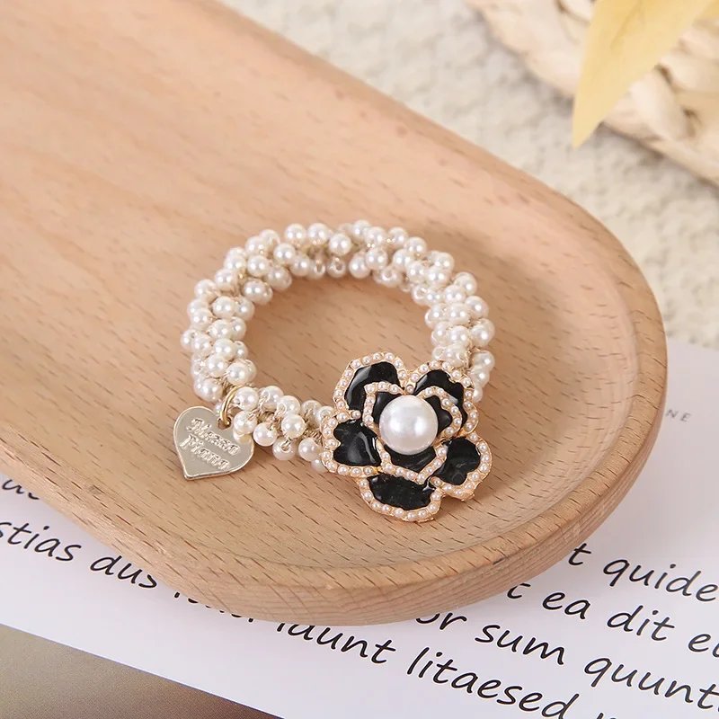 Luxury CC Camellia Pearl Elastic Hair Band Scrunchie Hair Ties for Women Girls Ponytail Holder Hair Accessories Free Shipping