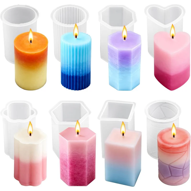 Juego de 8 moldes de silicona reutilizables para velas - Cilíndricos/Hexagonales/Octogonales/En forma de corazón/En forma de flor/Cuadrados, aplicables para hacer velas DIY, Soa