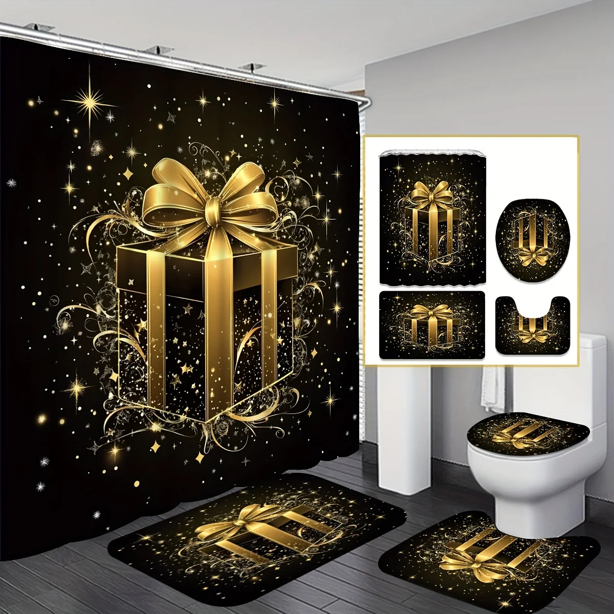 4PCS Christmas Gold Gift Box Shower Set, Minimalist Holiday Design, 12 Hooks, Non-Slip Mat, U-Seat Cover, Winter Bathroom Decor