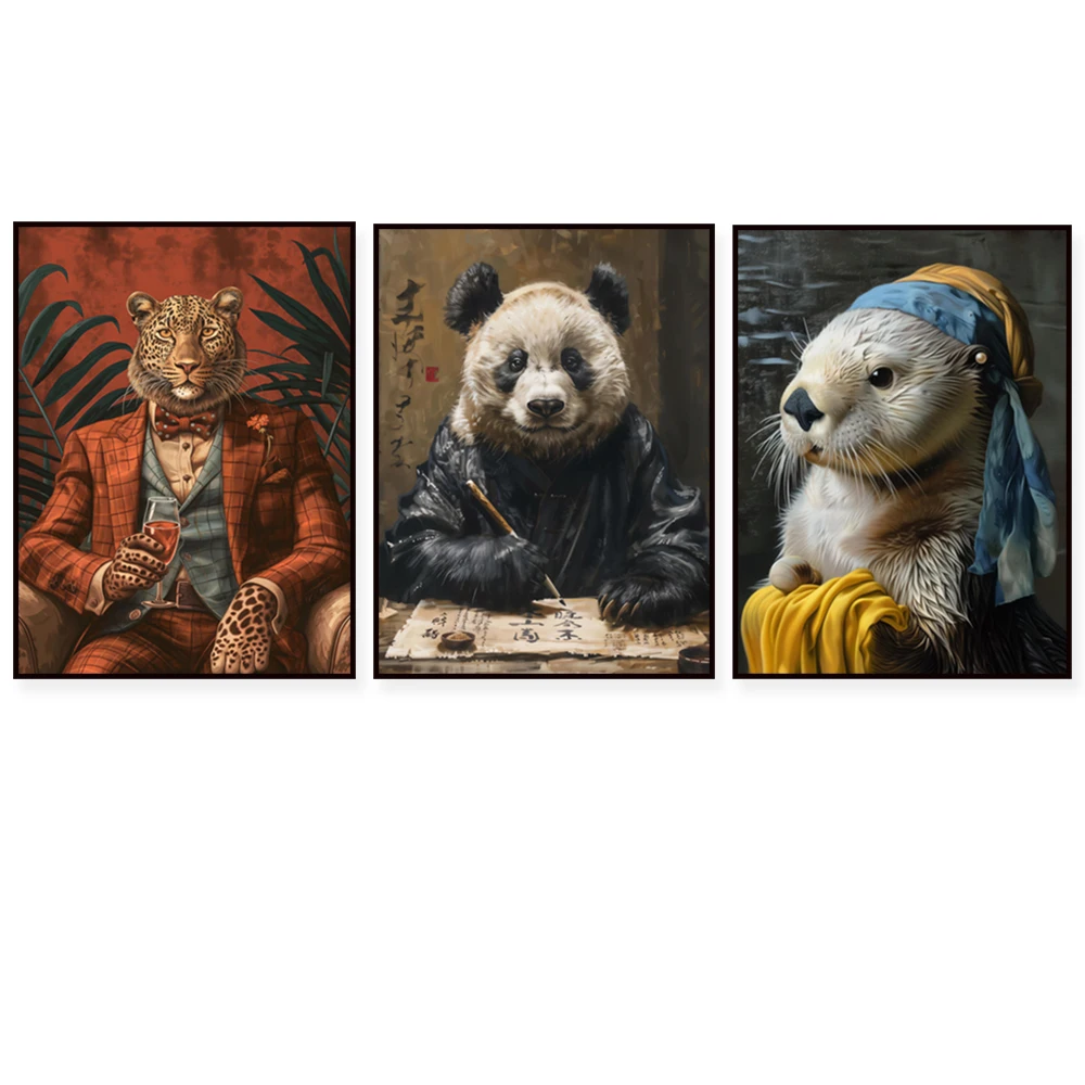 Ornate panda, calligraphy panda, leopard, fox, rabbit, smoking sea otter, sea otter portrait, vintage animal art poster