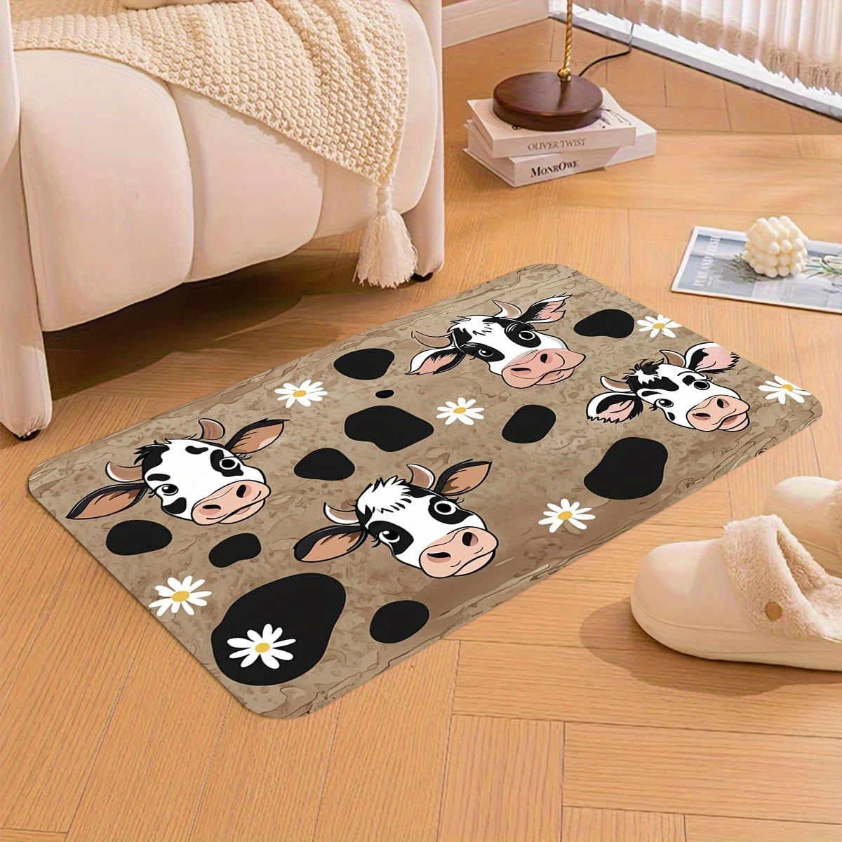 2D Flat Cute Cow Faces Daisy Flowers Brown Spots Flannel Bath Mat Non Slip Farm Animal Rug For Bathroom Kitchen Floor Decor