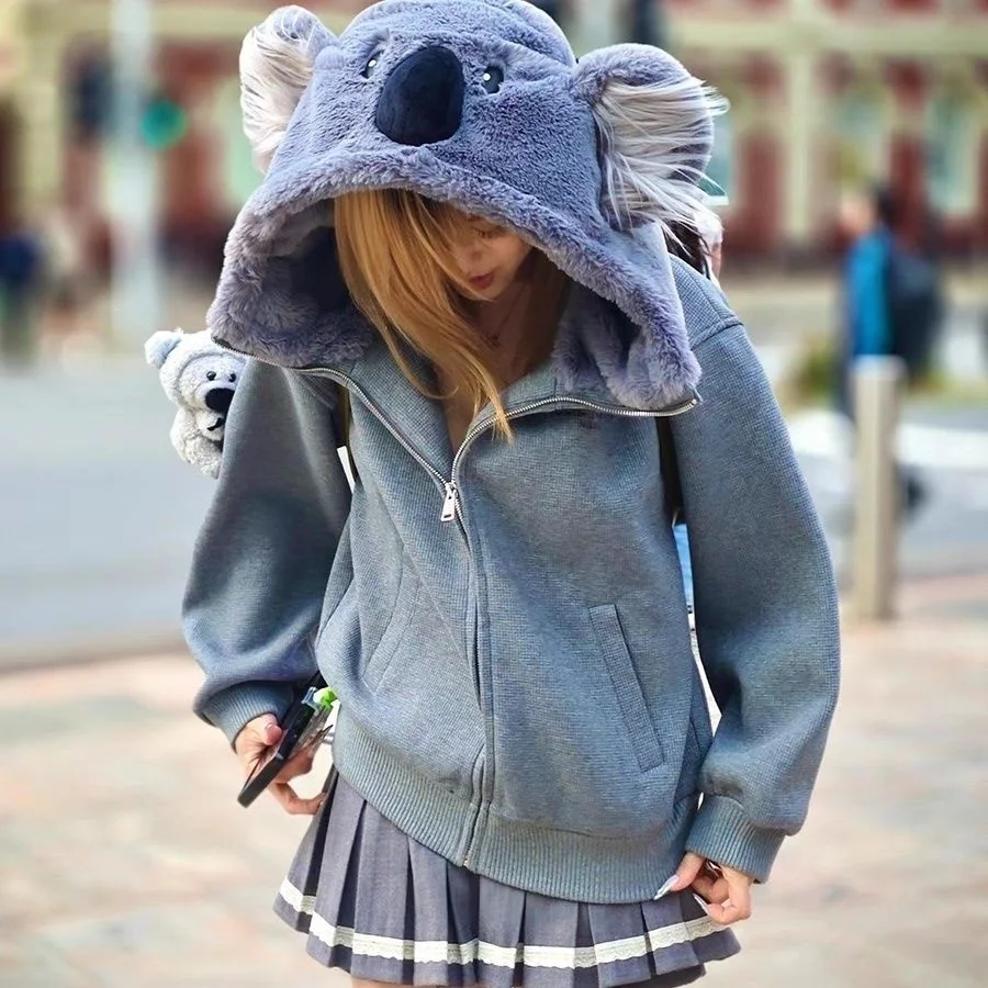 Koala Zipper Hood Sweatshirt Women Autumn Long Sleeve Crop Tops Casual Y2K Hoodies Streetwear Harajuku Female Jackets Coats