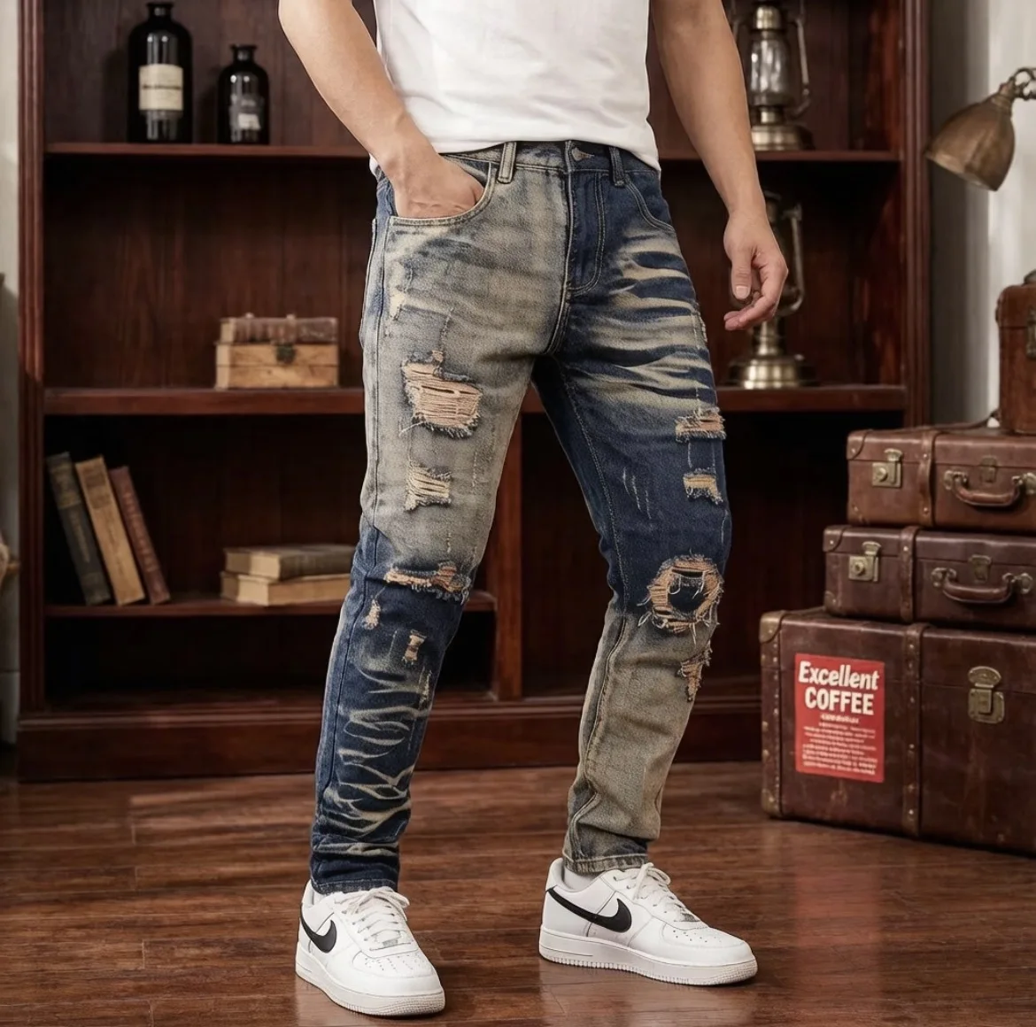 2026 New Vintage Distressed Ripped Jeans Men Casual Earth Blue Colorblock Straight Leg Pants Trendy Slim Fit Trousers Wasteland