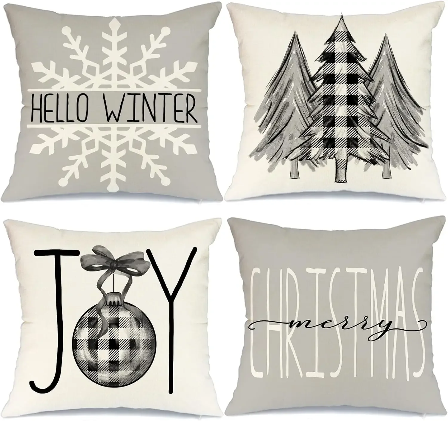 Christmas Pillow Covers Buffalo Plaid Christmas Tree Joy Snow  Winter Holiday Cushion Cover Farmhouse Decor for Couch Gray