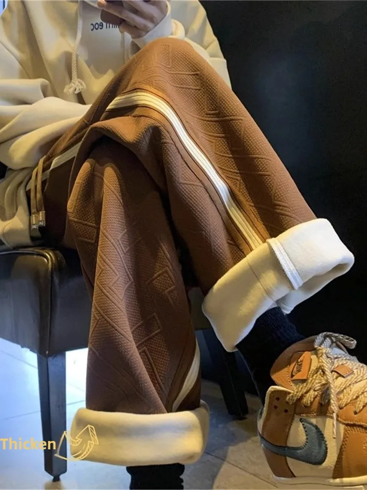 

American High Street Men's Casual Pants Autumn Winter Fce Thiened Sports Sweatpants Trendy Loose Straight Leg Trousers