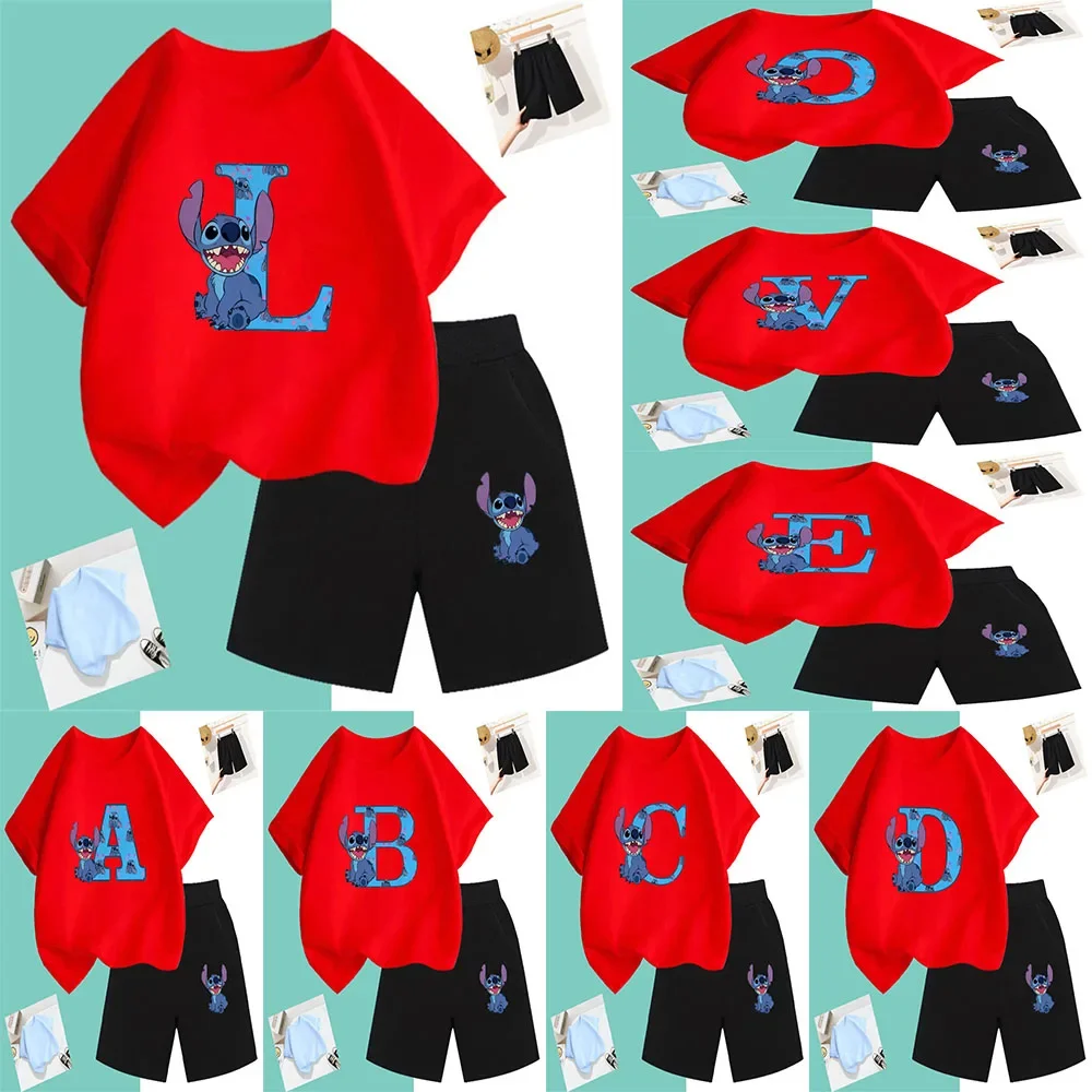 Lilo And Stitch t shirt Set Birthday Lucky Letter Cotton Children's Wear Girls And Boys Sports Shirts Comic T-shirts Baby Casual