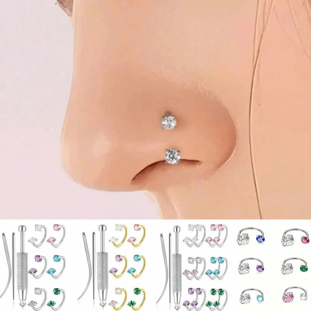 Juego de herramientas de joyería para perforación de orejas de acero inoxidable, 6/9/15 piezas, con circonitas y pedrería, aros para la nariz, pendientes, duraderos, 8/10 mm