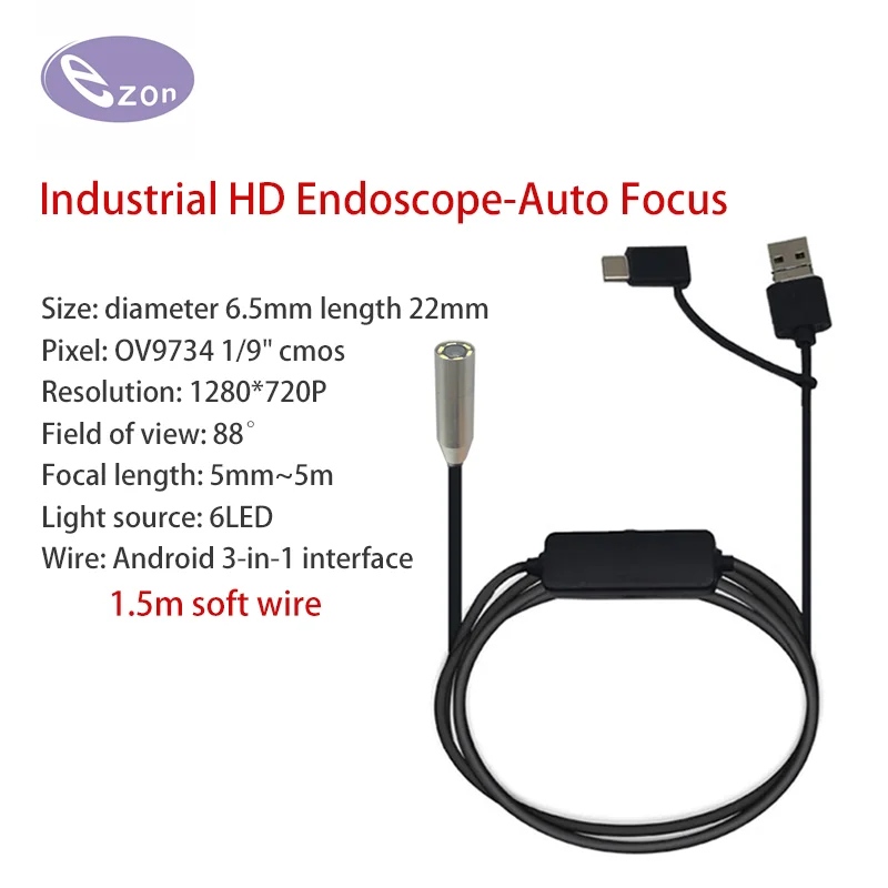 1MP USB Auto Focus Endoscope Diameter 6.5mm FOV88゜ IP67 Waterproof  1.5m 3 in 1 Soft Cable Industrial Endoscope