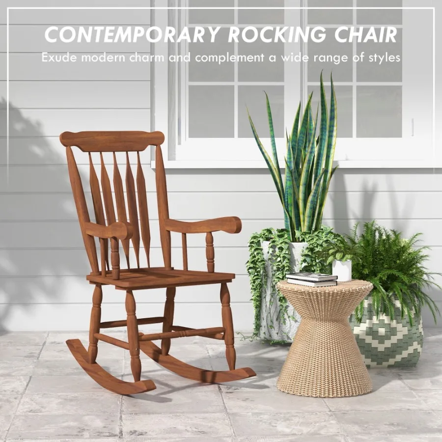 Porch Rocker Teak High Back Wooden Rocking Chair for Patio Balcony Outdoor Seating Durable Construction
