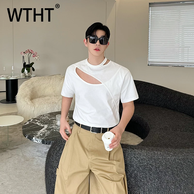 

WTHT New Trendy Men's Spliced Hollow Out Solid Color T-shirts Fashion Short Sleeves Round Neck Tops Male 2025 Summer 2A1373