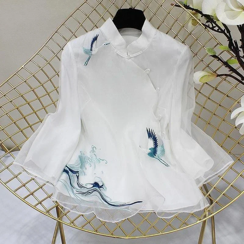 Embroidered Top National Style Tang Shirt Retro Crane Embroidered Chinese Top Women\'s New Elegant Loose White Blue Hanbok Shirt