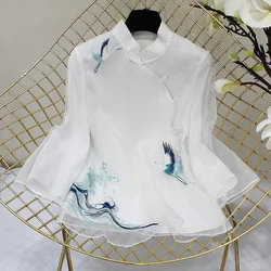 Embroidered Top National Style Tang Shirt Retro Crane Embroidered Chinese Top Women's New Elegant Loose White Blue Hanbok Shirt