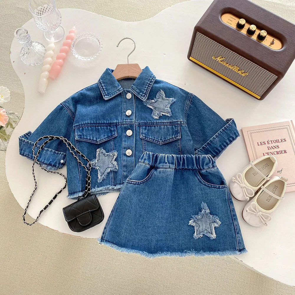 

Girl's Fashion Spring Summer Denim 2piece Set Star Patchwork Half Sleeve Lapel Single Breasted Jacket+Elastic Burr Edge Skirt