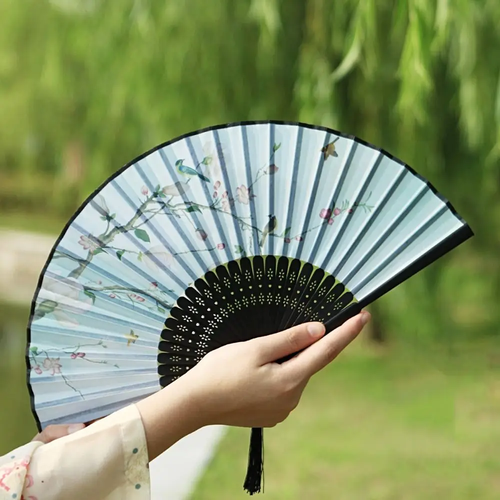 Bamboo Handle Folding Fan Hanfu Accessories No Deformation Handheld Props Fan Ancient Style Silk Fabric Prom Decor