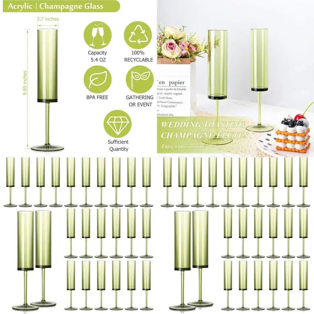 

Set of 24 Sage Green 5.4oz Clear Acrylic Champagne Flutes for Weddings, Cocktails, Sparkling Wine