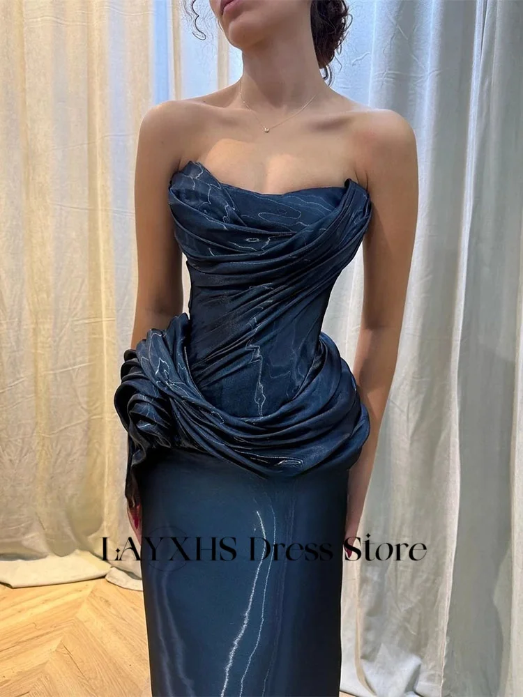 LAYXHS แฟชั่น Navy Blue Strapless ชุดราตรี Mermaid Pleat Ruffle Party Prom Dresses ที่กําหนดเอง فستانة