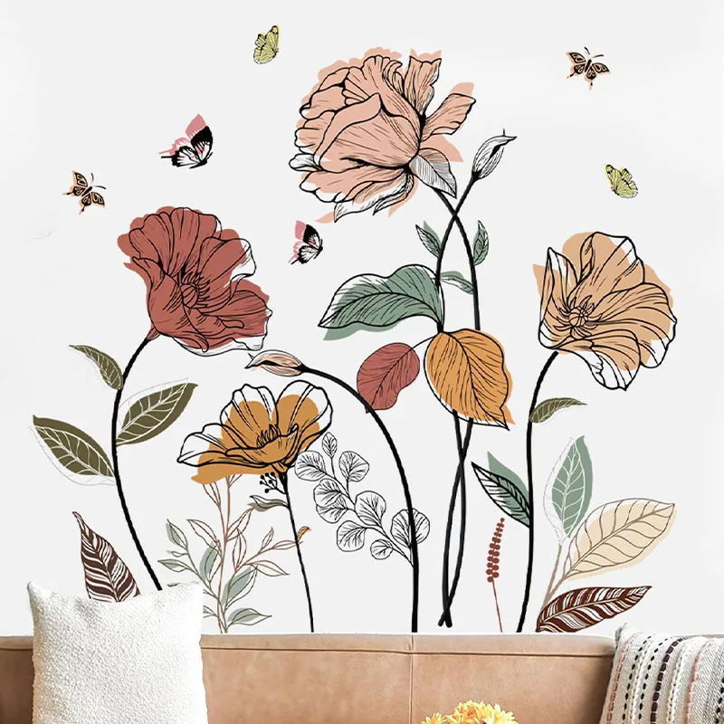 1 Set Bohemian Flower Wall Stickers, Wild Flowers, Grasses, Fruits and Leaves, Stick-on Wall Art Decals, For Living Room, Be view 4
