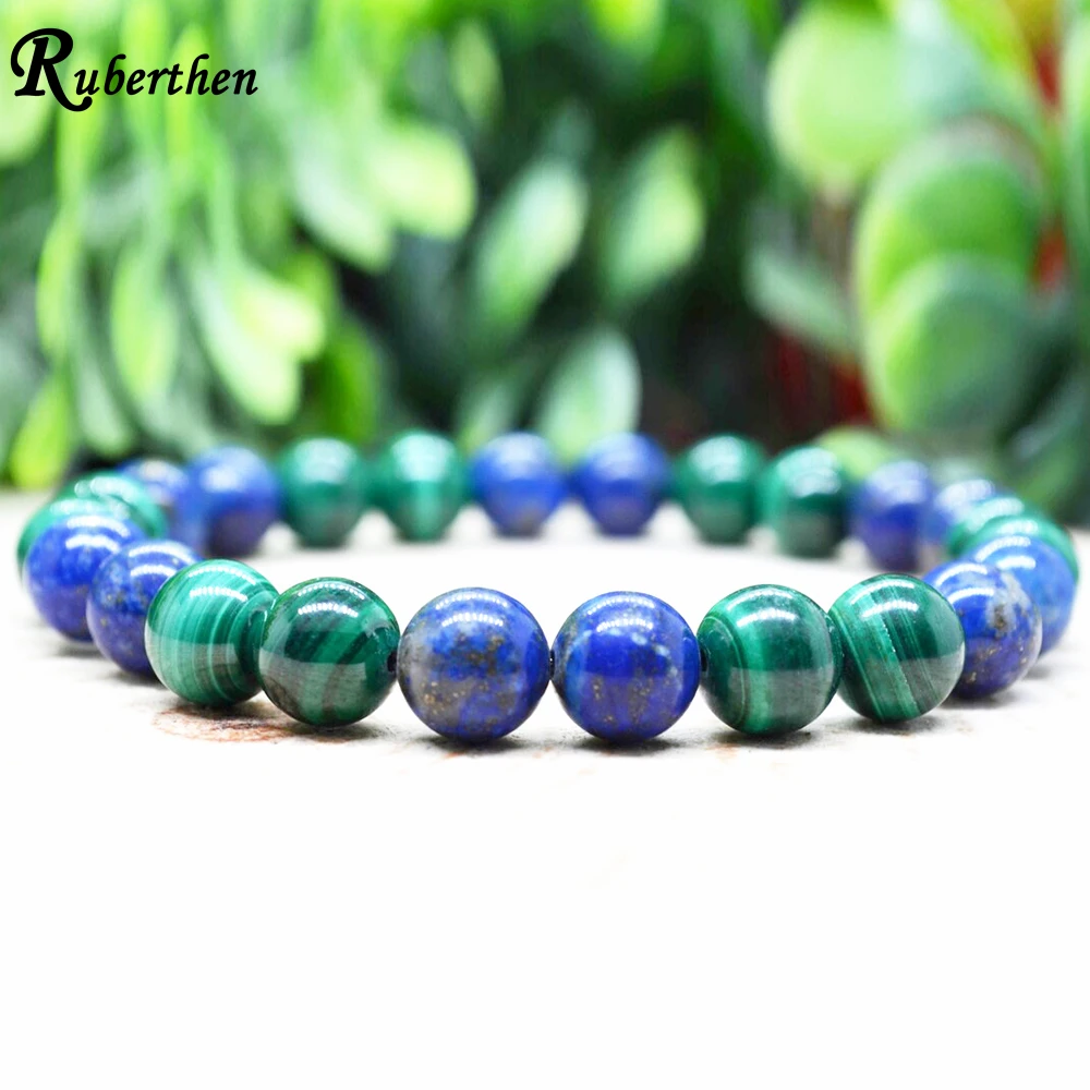 Ruberthen 8 MM Natural AAA Grade Malachite Lapis Lazuli Bracelet Mens Energy Anxiety Relie Wrist Mala Best Birthday Gift