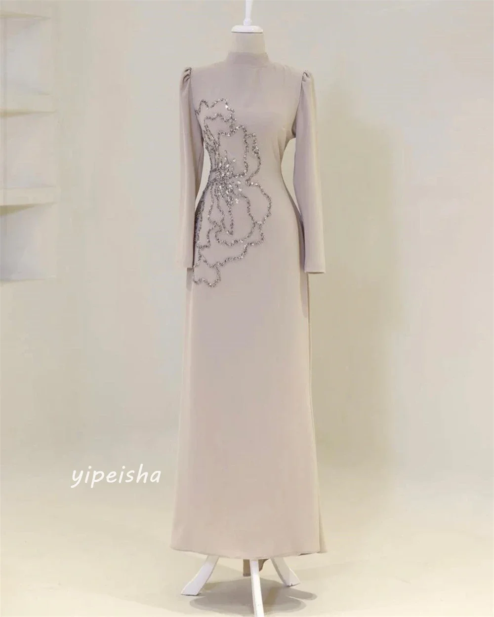 Customized Jersey Sequined Flower Ruched Graduation A-line High Collar Bespoke Occasion Gown Midi Es Evening