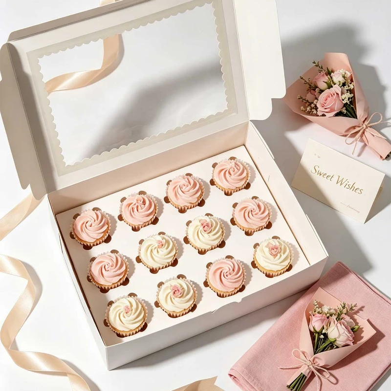 12 Cavity White Cupcake Box with Clear Window, Paper Muffin Holder Box for Birthday Wedding Bakery Party Dessert Packaging