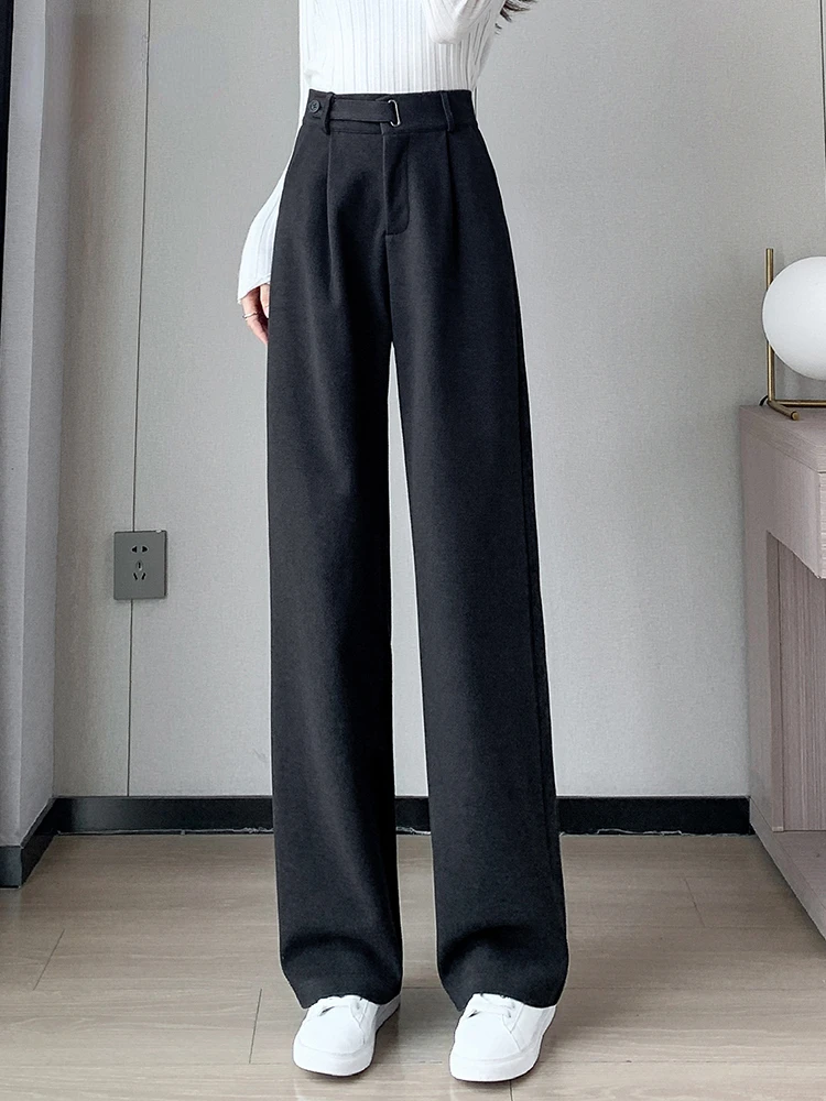 Winter Thick Loose Casual Female Wide Leg Pants Pure Color Chic Buttons Straight Slim Fashion Women Pants Black Apricot