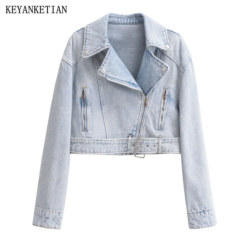 

KEYANKETIAN New Launch Women's Asymmetrical Zipper Washed Denim Jacket High Street Casual Pockets Jaqueta Feminina Crop Top