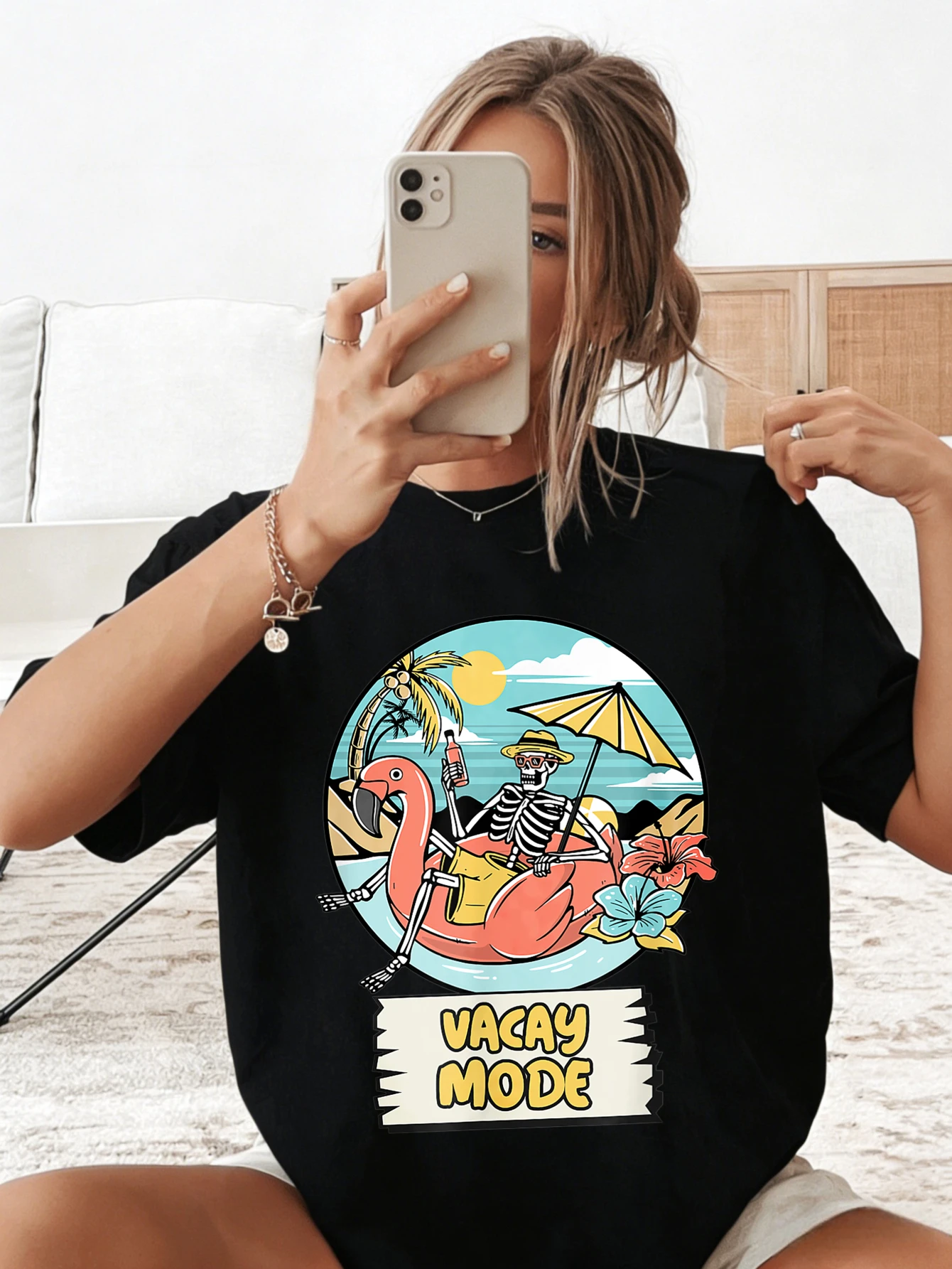 

Womens Summer T Shirts Oversized Cotton Funny Skeleton Flamingo Graphic Printed Beach Casual Tshirt Gift for Her