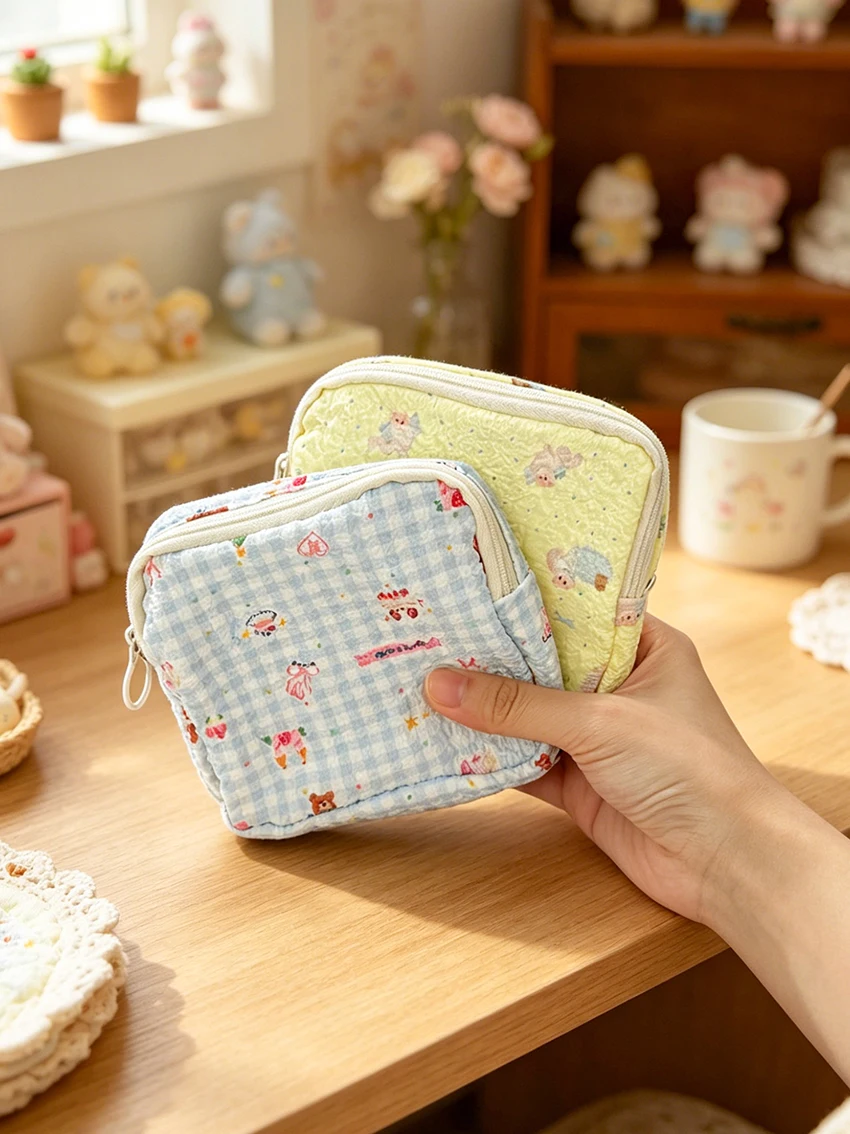 Cartoon Printed Storage & Cosmetic Bag, Portable Zipper Pouch for Sanitary Pads, Jewelry, Coins and Sundries