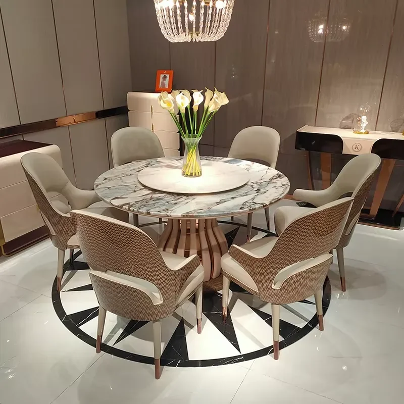 Italian Design Solid Wood Dining Room Furniture Round Marble Top Dining Table Set 6 Seater with Leather Dining Chair