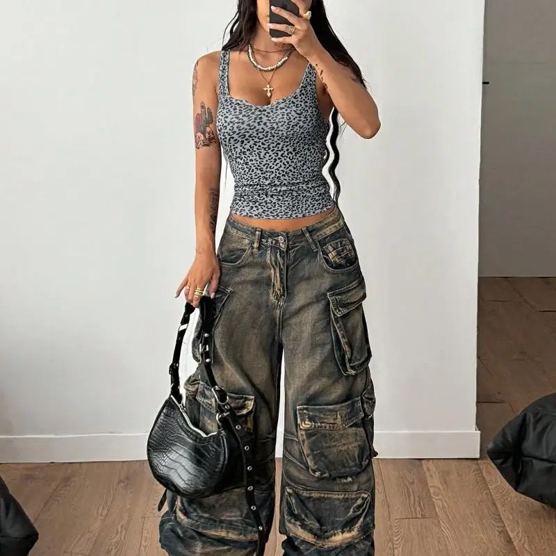 Women's Summer Y2K Rib Knit Tank Top Blue Gingham Grey Leopard Graphics Slim Fit Notched Sleeveless Streetwear for Club Music Fe