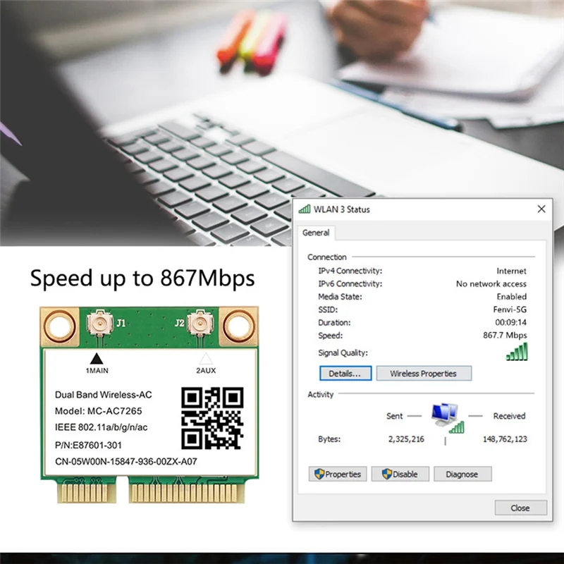1200 MBit/s drahtlose MC-AC7265 Dualband Mini-PCI-E-WLAN-Karte Bluetooth 4,2 802,11 Wechselstrom Dualband 2,4g 5GHz Adapter für Laptop