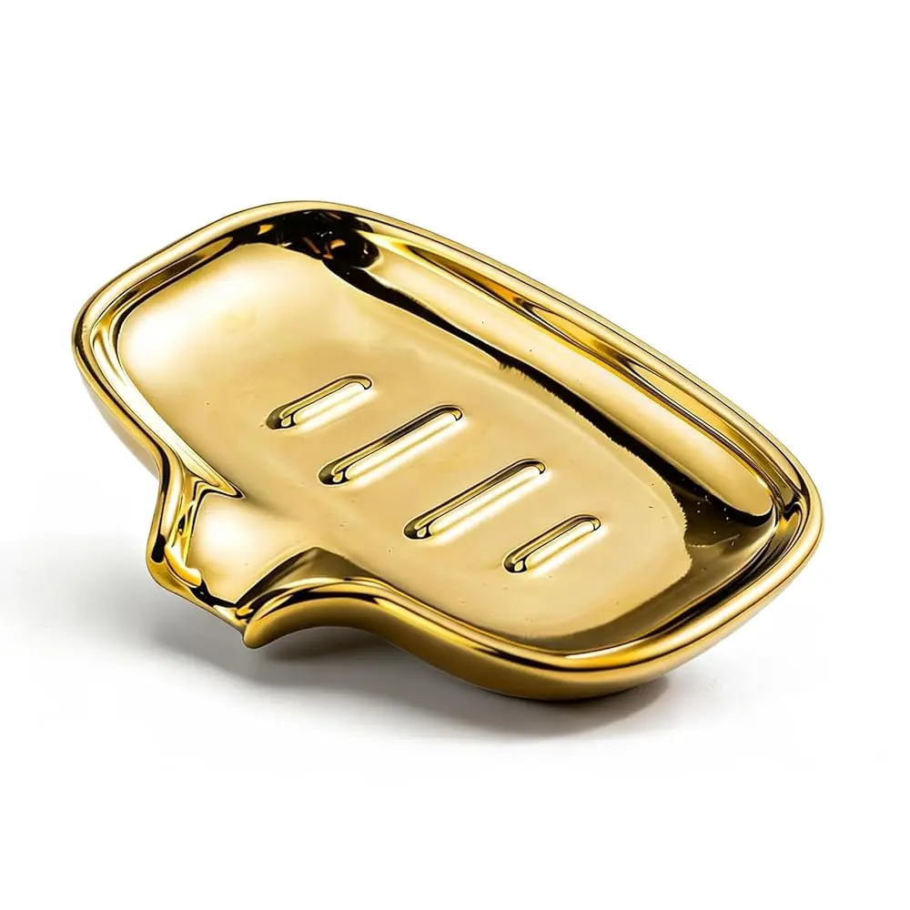 

Gold-Plated Ceramic Soap Dish, Self-Draining Bar Soap Holder with U-Shaped Drainage, Decorative Soap Tray for Bathroom Shower