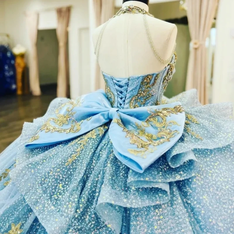 

A1748 Real Light Blue Cinderella 15 16 Girl Quinceanera Dresses Gold Applique Bow Ball Gown Prom Birthday Party 2025 Customized
