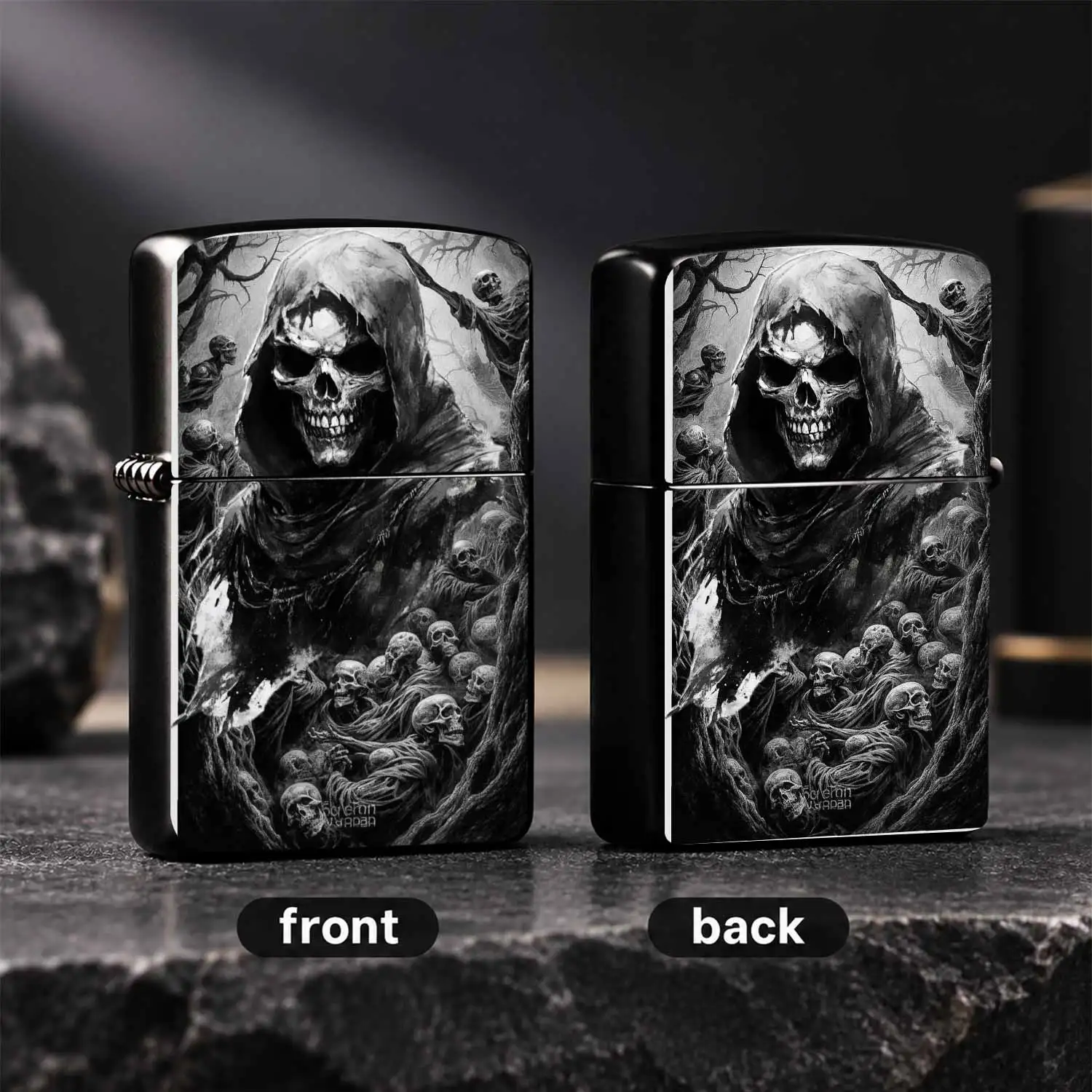 Vintage Grim Reaper Skeleton  Dark Dead Army Pattern Durable Housing Windproof Portable Pocket Unique Spooky Style Collectible Desktop Ornament Ideal Cool Gift For Men For Halloween Daily Outdoor Use A Fun And Humorous Lighter