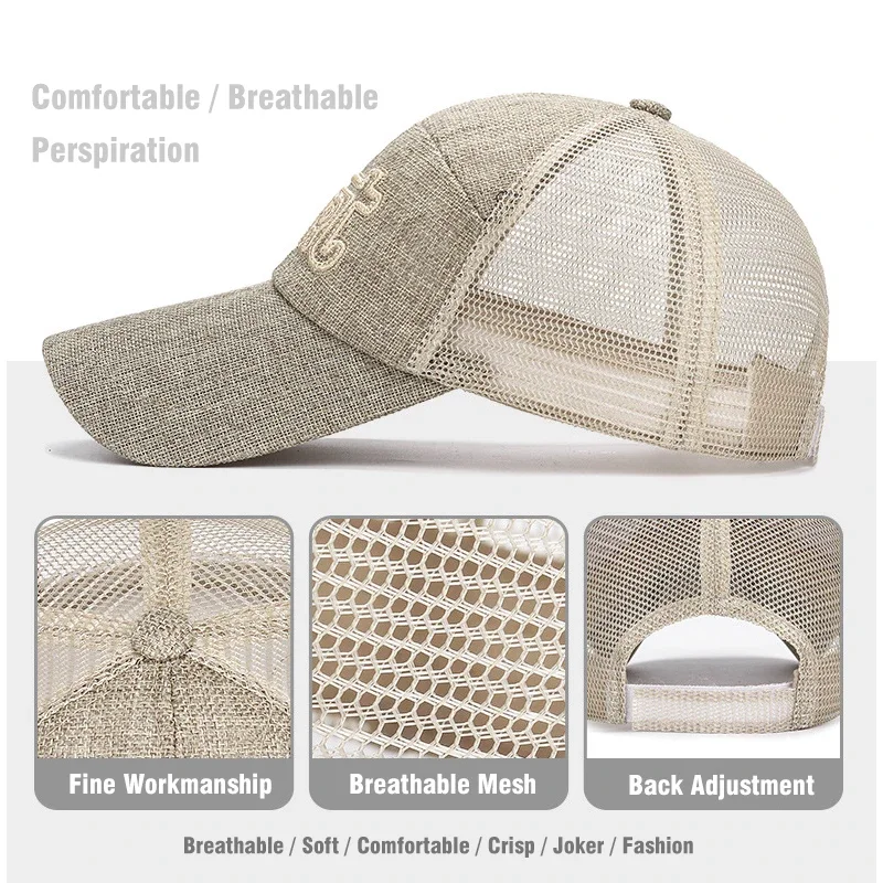 New Fashion Outdoor Sport Baseball Cap Casual Snapback Hats linen mesh fabric embroidery Suitable for spring  summer and autumn