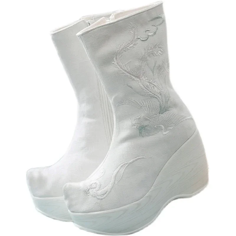 25 botas bordadas Hanfu chinas, zapatos de invierno para mujer, botas de jabón con lazo blanco de alta altura Hanfu Vintage, zapatos para mujer de talla grande