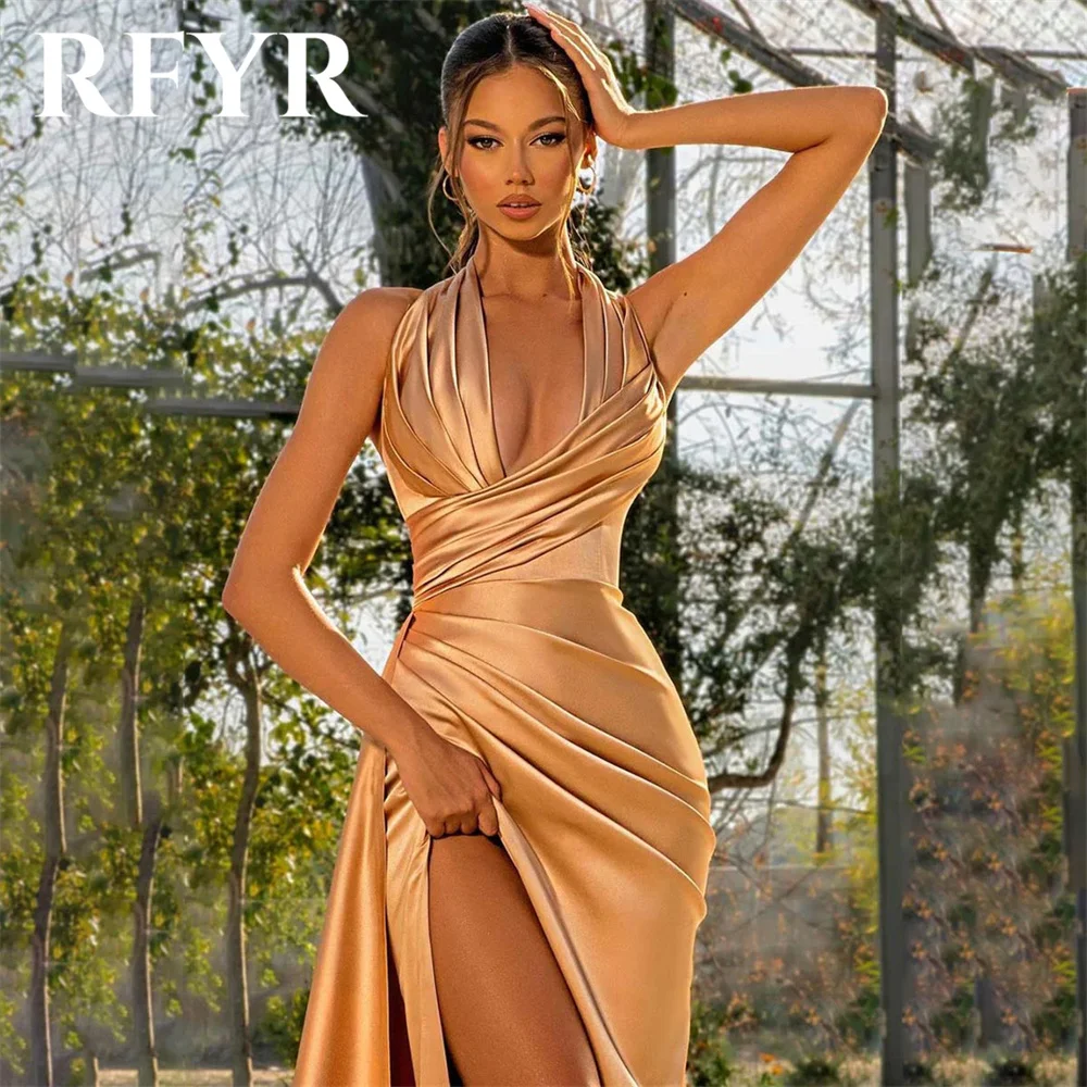 RFYR Champagne Evening Gown Elegant Halter Prom Dress Pleat Stain V Neck Wedding Evening Dress with Split Custom robes de soirée