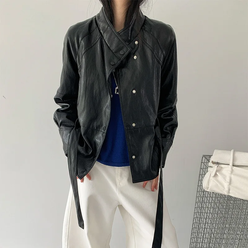Faux Leather Moto Jacket Women Stand Collar Belted Waist Single Breasted Solid Color Autumn Winter Streetwear Outerwear Coat