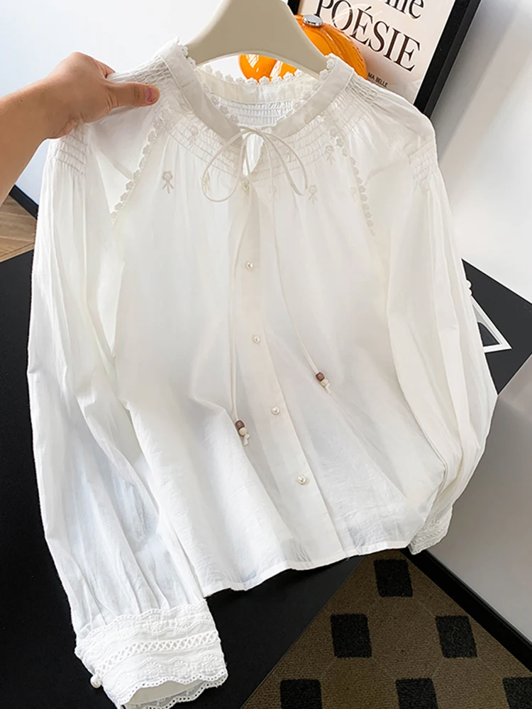 

French Sle Long Sve Ruffle Collar irt Women's Spring New Design Wood ain Tie Drapey Blouse Floral Print Ciwalk