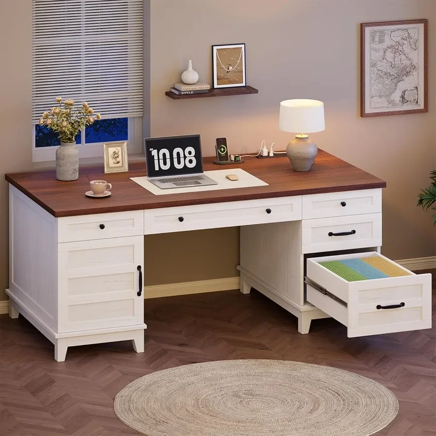 60in Wooden Executive Desk with 5 Drawers, Office Desk Computer Table with Charging Station, Farmhouse Home Office Desk with Fi