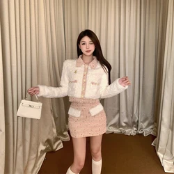 Women's Fall/Winter Small Fragrance Style Plush Patchwork Lapel Blazer Skirt Set Vintage Tweed Plush Suit Skirt Two-piece Sets