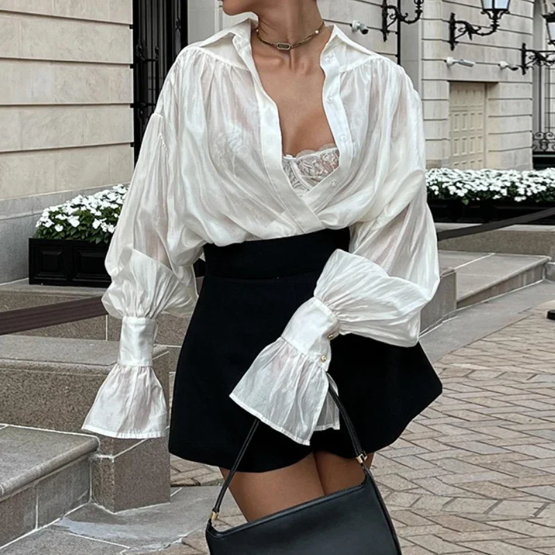 

Nice Casual Loose See-Through Shirts Women's Autumn Lapel Long Sleeve Patchwork Blouse Top Streetwear Female Solid Shirts Top