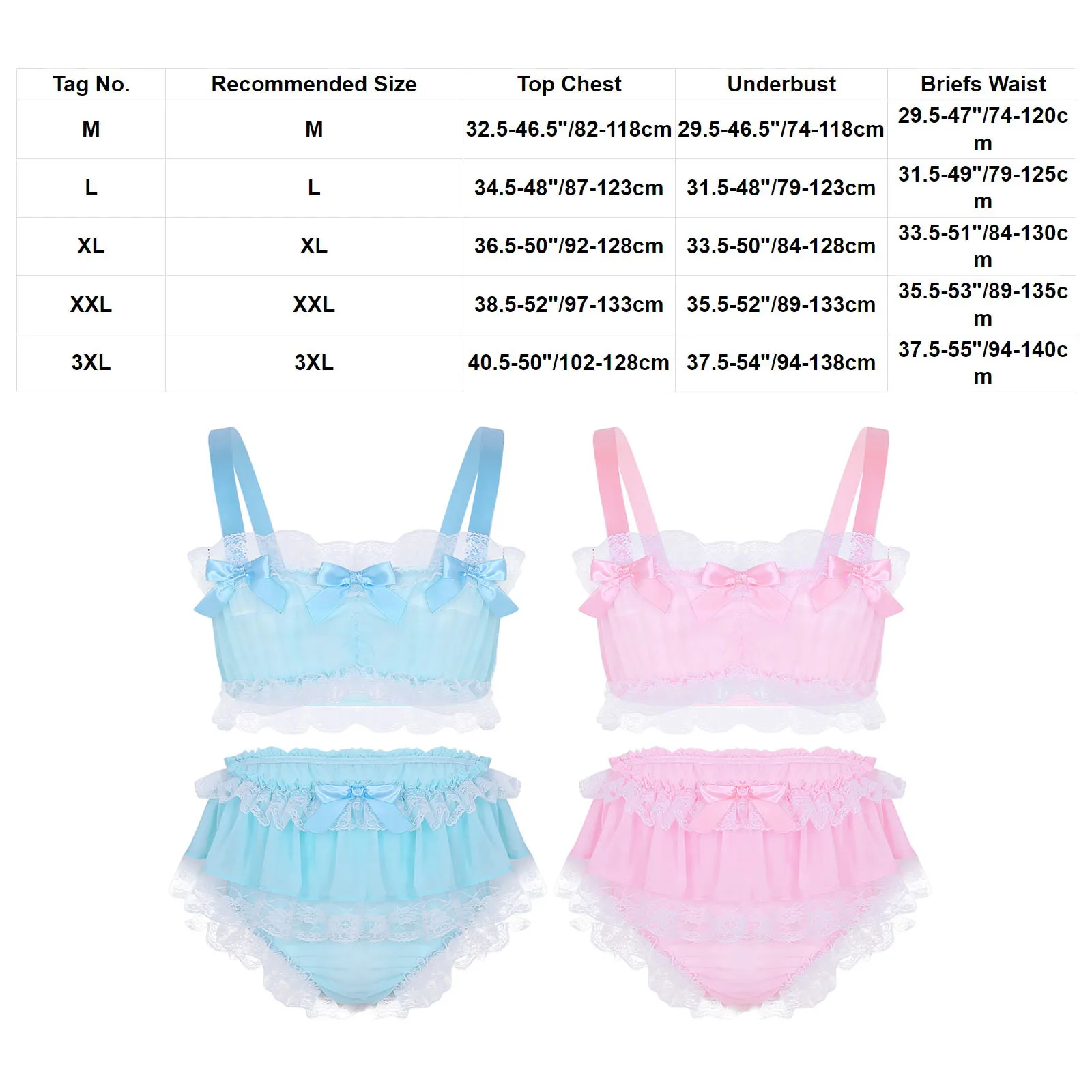 Mens Sissy Lingerie Set 2Pcs Frilly Ruffled Lace Bra Crop Top with Briefs Panties Sleepwear Gay Male Crossdress Nightdress