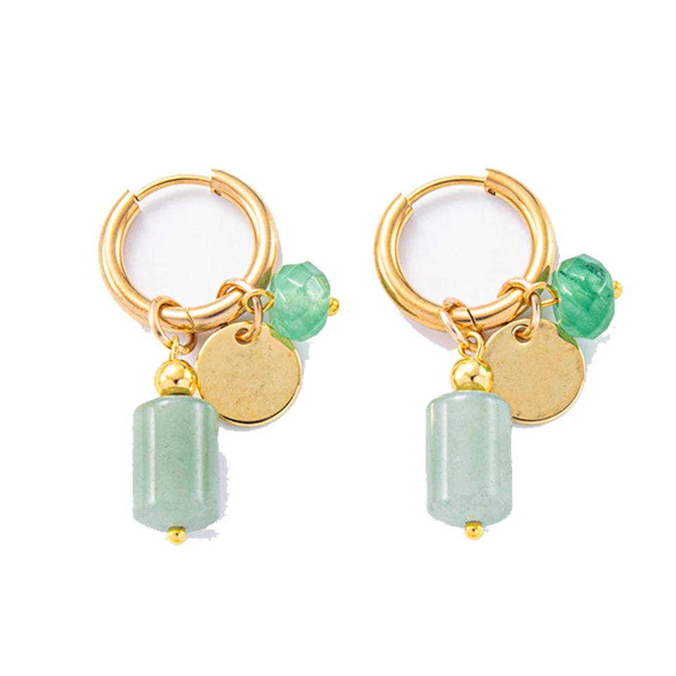 ZAKOL Gold Color Plated Stainless Steel Hoop Earrings for Women Vintage Green Stone Charms Trendy Waterproof Jewelry Gift