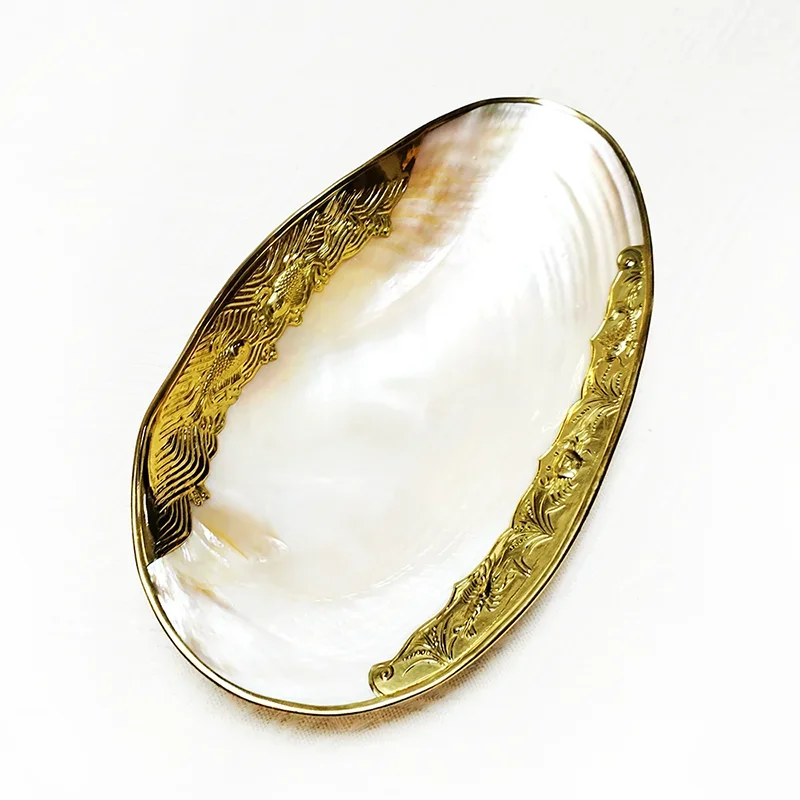 Naturalna taca z złoty metalowy krawędzią masą perłową restauracyjną talerz do serwowania miska stojak na biżuterię rekwizyty fotograficzne