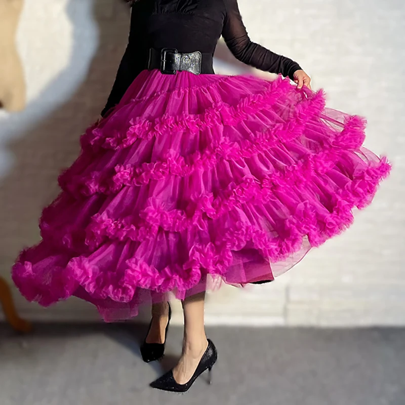 2025 Hong Kong Fashion Lace Fairy Princess Layered Cake Kawaii Cute Midi Skirts Chic Yellow Mesh Puffy Tutu skirt Plus Size