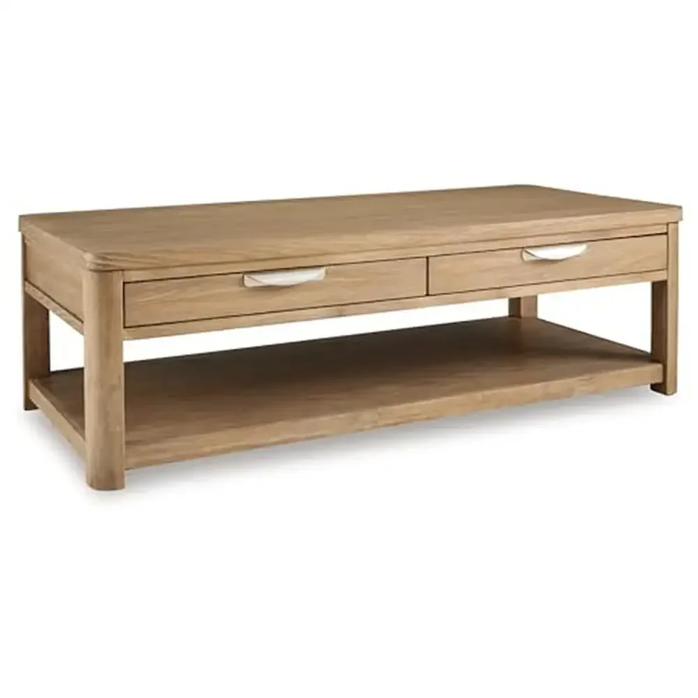 

Classic Wire-Brushed Coffee Table 2-Drawer Lower Shelf Light Oak Finish Rubberwood Solid Engineered Wood Rectangular Shape