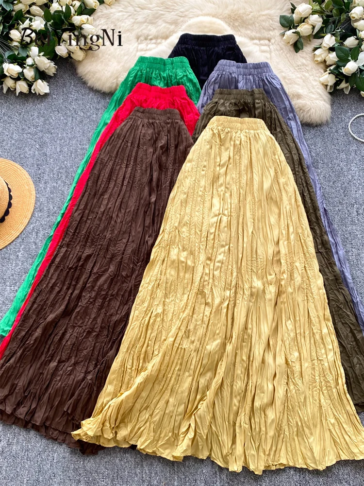 Beiyingni Autumn French Romance Women's Long Skirts Plain Casual High Waist Maxi Pleated Skirt Ladies Korean Retro Black Faldas